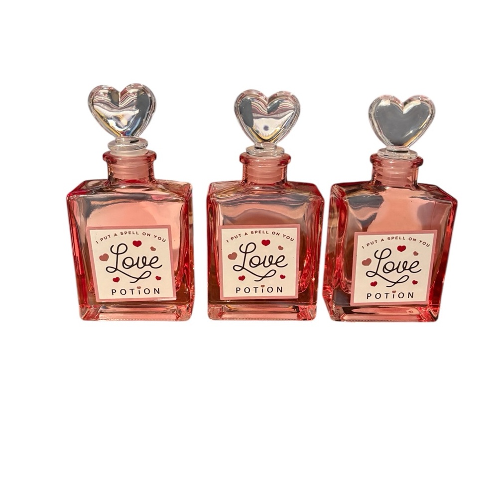 3Pink Glass Love Potion I put a spell on you bottles w Heart Stopper Decor NWOB